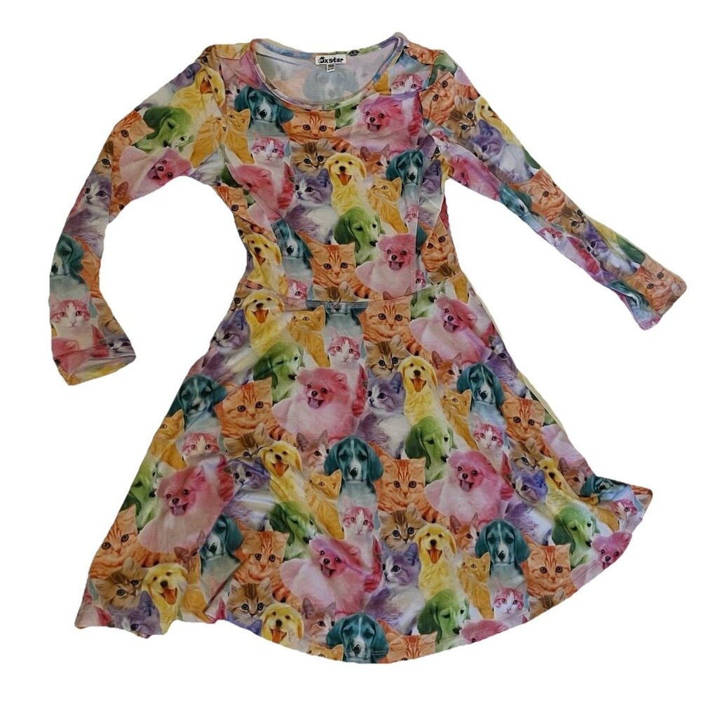 Girl's sz 12-13 yr Teen XS Bright Colors Dog Cat Dress Fit Flare Dress Women XS